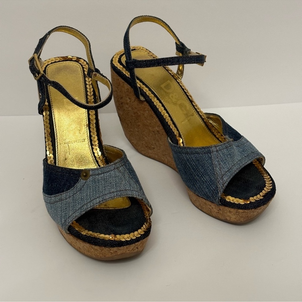 Dolce & Gabbana Vintage Blue Jean Cork Wedges size 35 - Picture 9 of 13